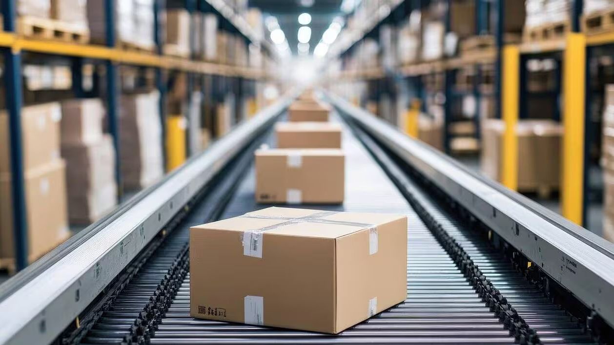 Colis avançant sur un convoyeur à rouleaux entre deux allées de stockage.