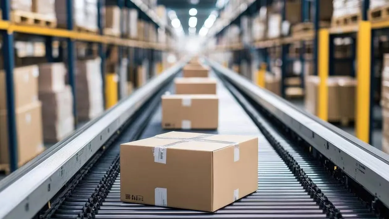 Colis avançant sur un convoyeur à rouleaux entre deux allées de stockage.