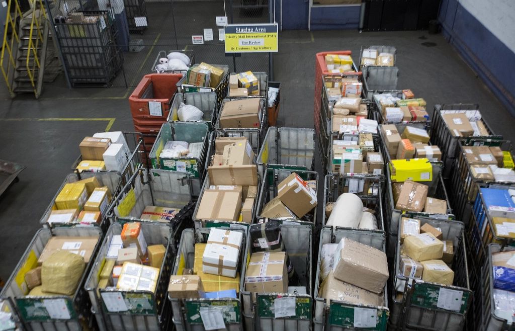 Colis répartis dans des bacs de tri, prêts pour le départ en tournée.